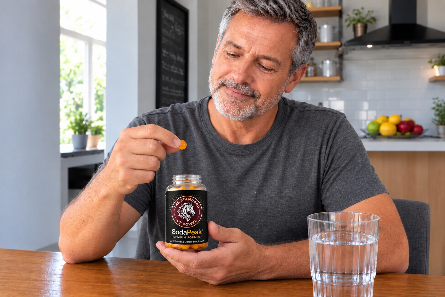 Man looking at a SodaPeak gummy in the kitchen