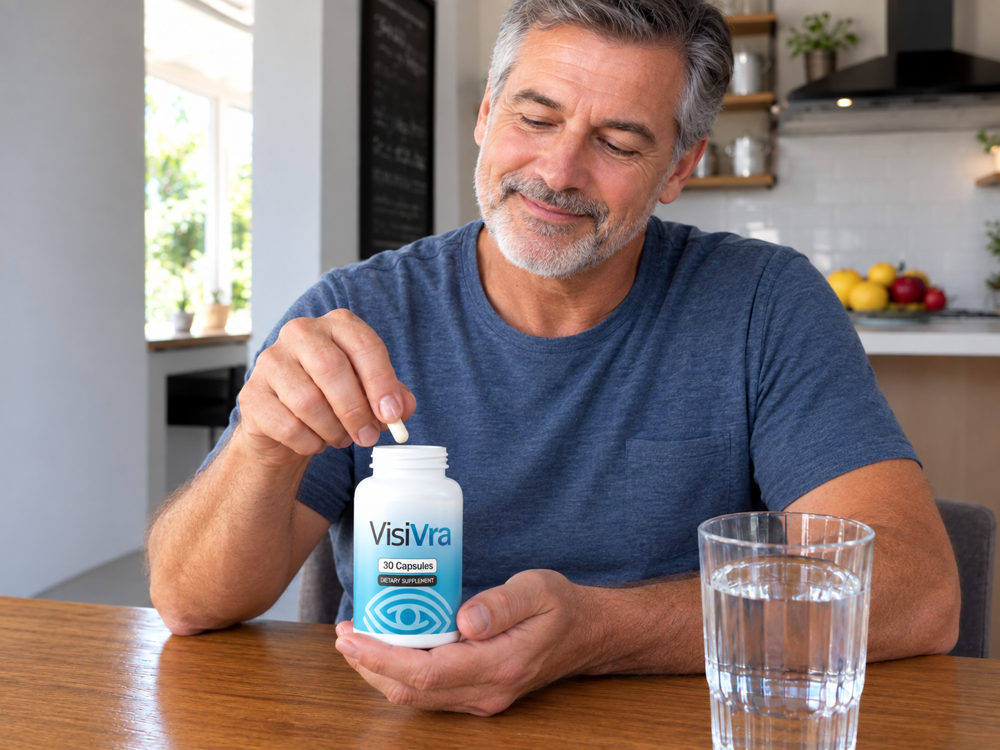 Man taking his daily Visivra capsule in the kitchen