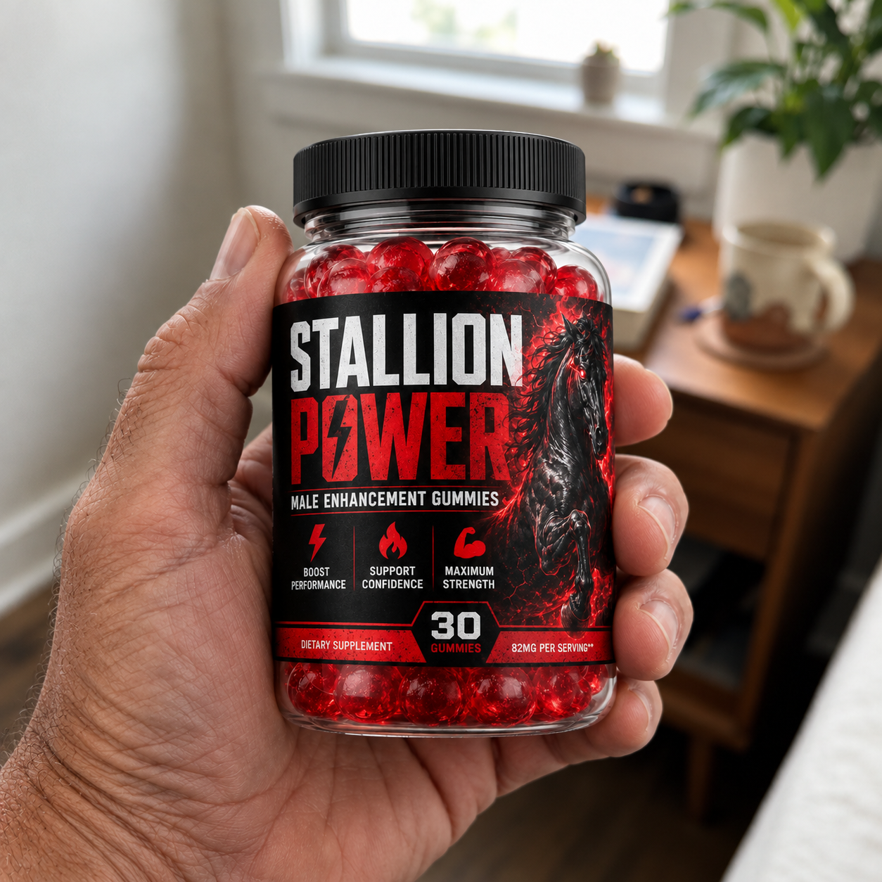 Stallion Power gummies bottle held in hand