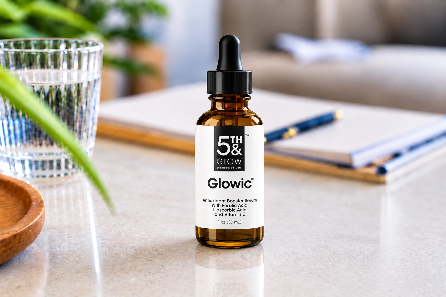 Glowic serum on an elegant vanity