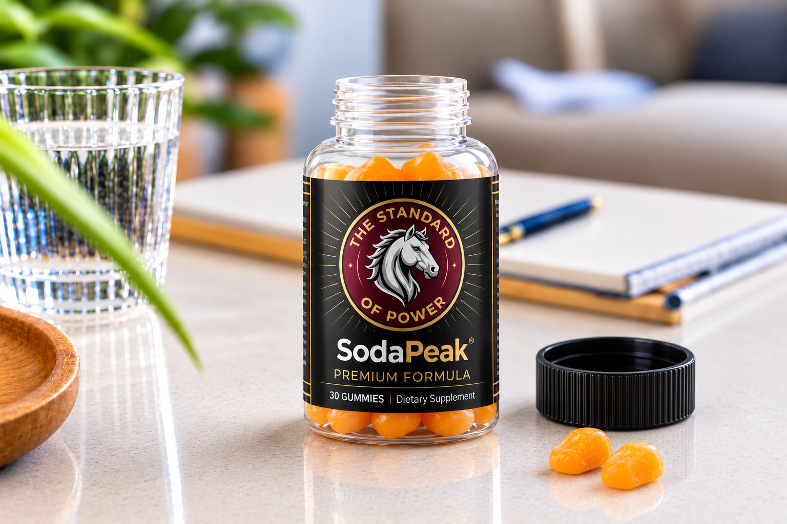 SodaPeak gummies with a glass of water